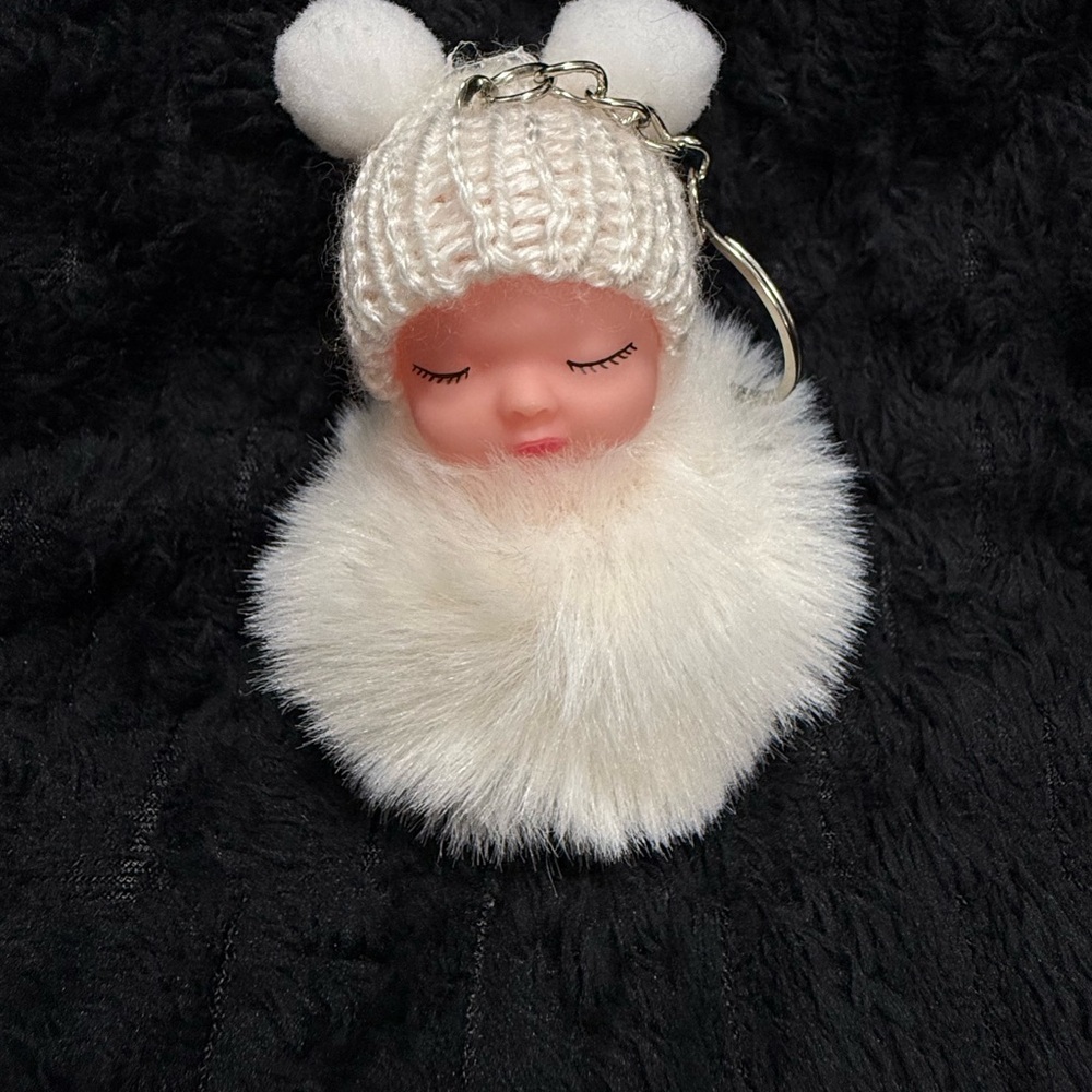 Cute Sleeping Baby Doll Faux Fur Pom Pom Keychain Bag Charm Purse Accessory - Picture 2 of 2